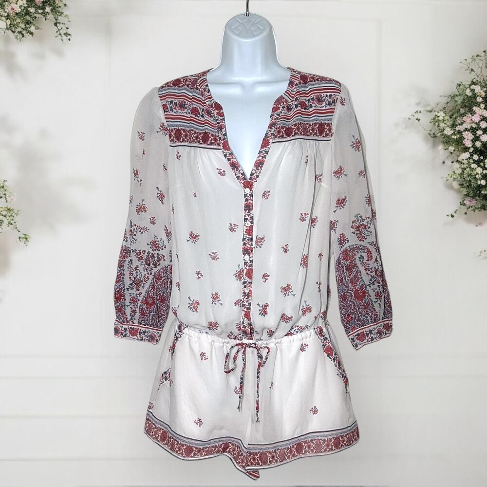 JOIE 100% Silk Ivory Floral Long Sleeve Romper Chiffon Red Coquette Prairie Boho